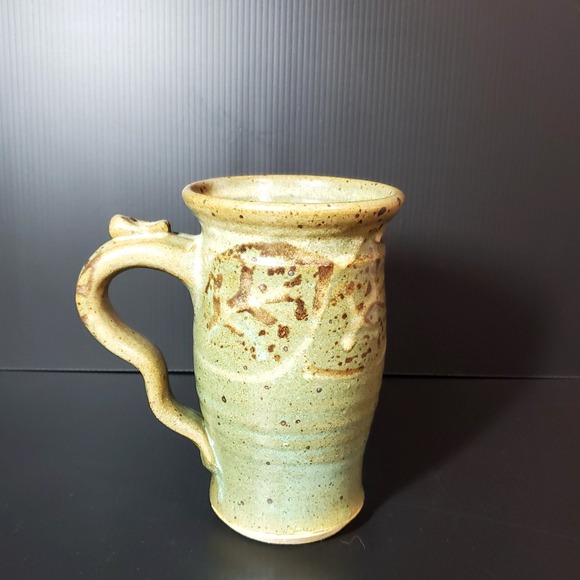 Other - Studio Pottery Tall Mug Stoneware Leaf Motif Green Brown‎ Handle with thumb rest